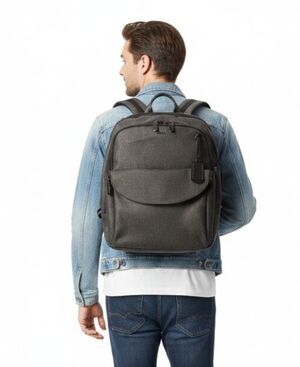 Tumi Backpack Sinclair Hanne Earl Grey Textured Canvas Leather Trim Brown Zipper